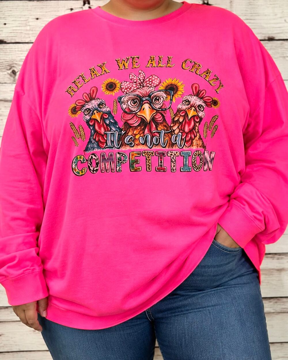 Glitzy Girlz 6X Hot Neon Pink Relax We All Crazy Long Sleeve Graphic T-Shirt